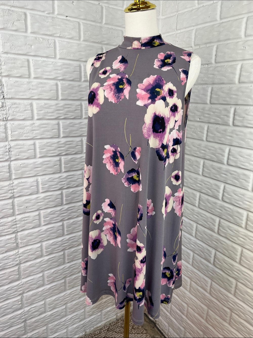 MTS Mittoshop Grey Purple Pink Floral Sleeveless Swing/Tunic Dress Pockets Sz M